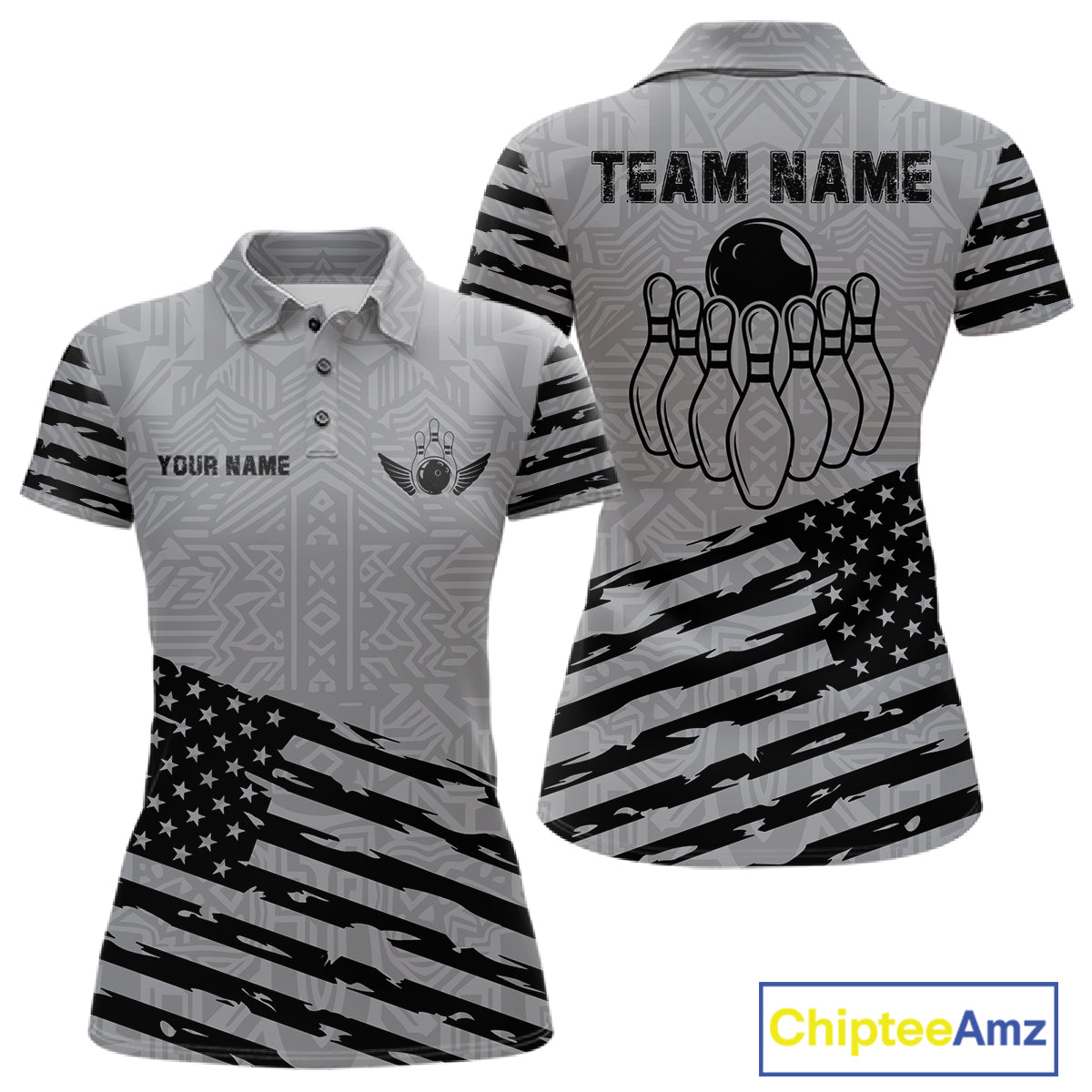 Grey American flag bowling polo shirt for women with custom team graphics for league and tournament play.