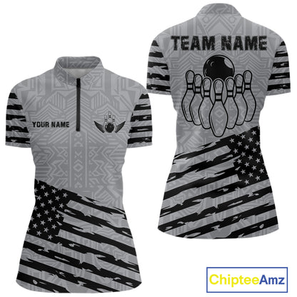 Grey American flag bowling quarter zip shirt for women with personalized bowling team style.