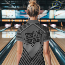 Load image into Gallery viewer, Woman wearing a grey American flag bowling quarter zip jersey during league play front view.