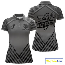 Load image into Gallery viewer, Grey American flag bowling polo shirt for women with personalized team graphics and league-ready style.