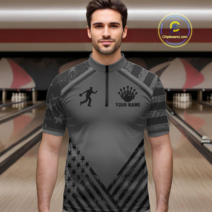 Man wearing a grey American flag bowling quarter zip jersey during league play front view.