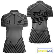 Load image into Gallery viewer, Grey American flag bowling quarter zip shirt for women designed for tournaments and bowling team matches.
