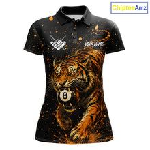 Load image into Gallery viewer, Personalized grunge tiger 8 ball pool billiard team jersey polo shirt for women, custom pool league apparel and billiard tournament jersey.