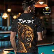 Load image into Gallery viewer, Man wearing personalized grunge lion 8 ball billiard polo shirt back view.