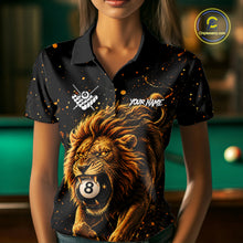 Load image into Gallery viewer, Woman wearing personalized grunge lion 8 ball billiard polo shirt front view.