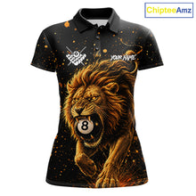 Load image into Gallery viewer, Personalized grunge lion 8 ball billiard pool team jersey polo shirt for women, custom 8 ball pool league apparel and billiard tournament jersey.