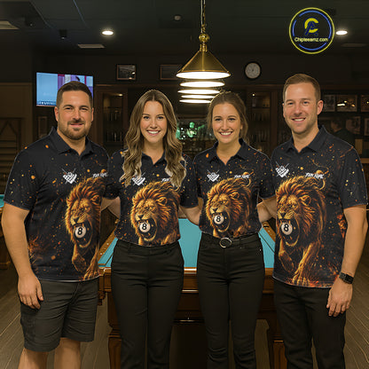Billiard team wearing matching grunge lion 8 ball jerseys front view.