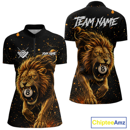 Personalized grunge lion 8 ball billiard quarter zip shirt for women, custom pool team jersey and league apparel.