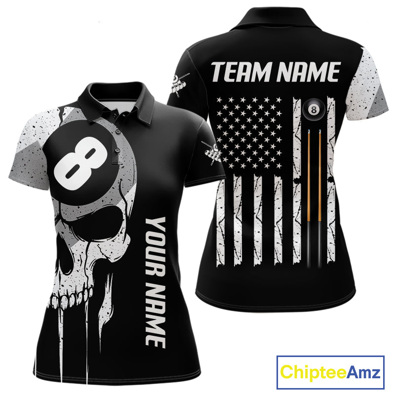 Personalized American flag 8 ball skull billiard pool team jersey polo shirt for women, custom 8 ball pool league apparel and billiard tournament jersey.