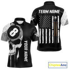 Load image into Gallery viewer, Personalized American flag 8 ball skull billiard pool team jersey polo shirt for men, custom 8 ball pool league apparel and billiard tournament jersey.