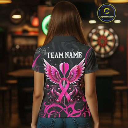Pink Black Custom Breast Cancer Wings Dart Shirt For Women With Pocket Option TDM4491