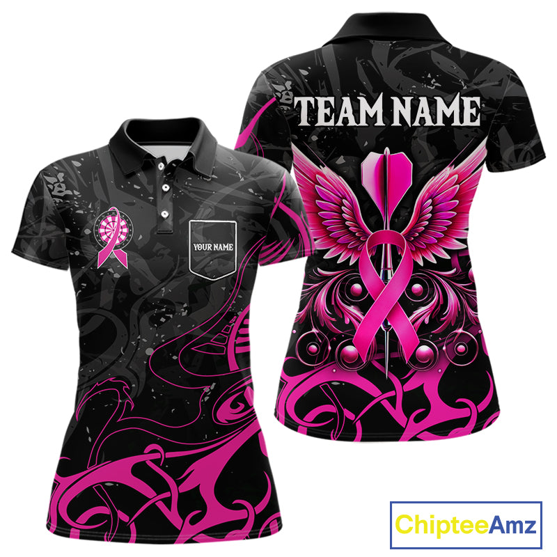 Pink Black Custom Breast Cancer Wings Dart Shirt For Women With Pocket Option TDM4491
