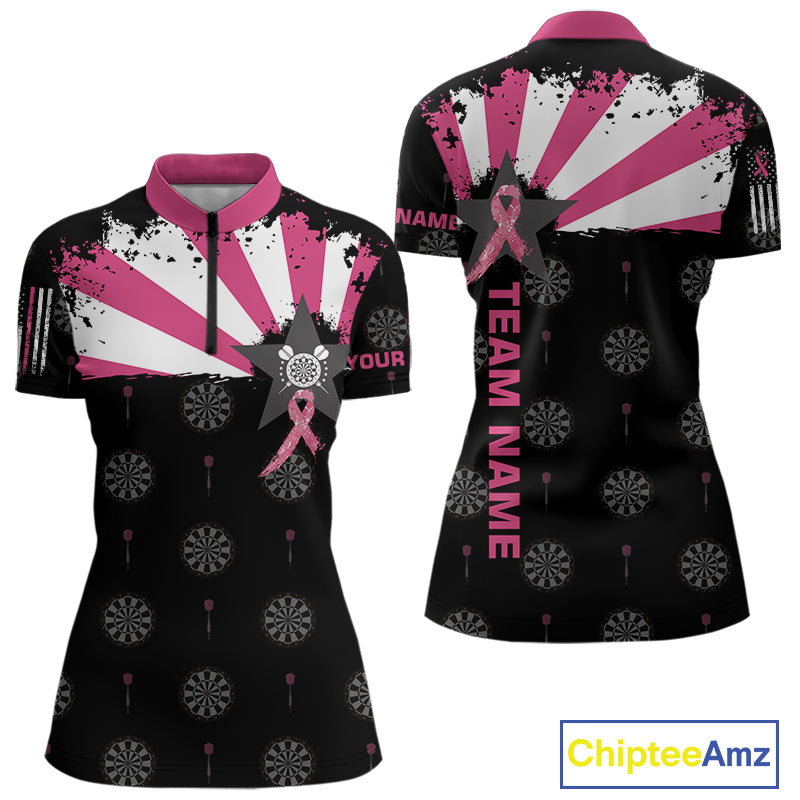 Personalized Pink Ribbon Darts Shirt For Women Custom Breast Cancer Awareness Darts Team Jersey TDM4492