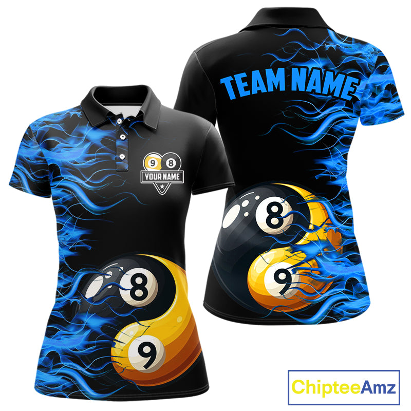 Blue Flaming Funny Yin-Yang 8 Ball & 9 Ball Billiard Shirt For Women Custom Pool Team Jerseys TDM4711