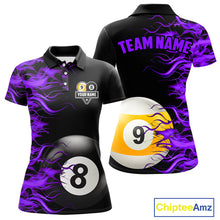 Load image into Gallery viewer, Purple Flaming 8 Ball &amp; 9 Ball Billiard Shirt For Women Custom Pool Team Jersey Polo &amp; 1/4 Zip TDM4713