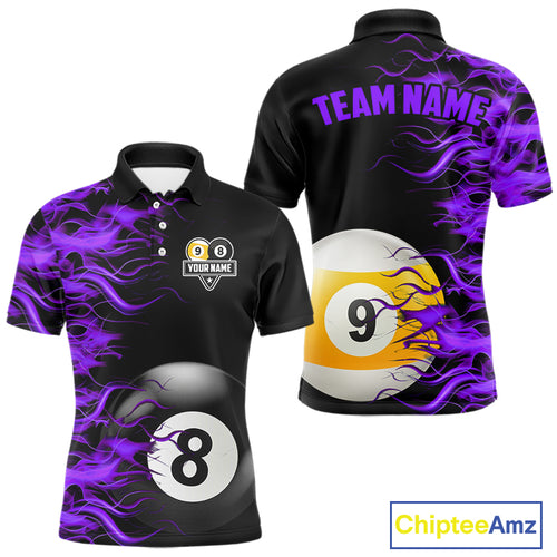 Purple Flaming 8 Ball & 9 Ball Billiard Shirt For Men Custom Pool Team Jersey Polo & 1/4 Zip TDM4713