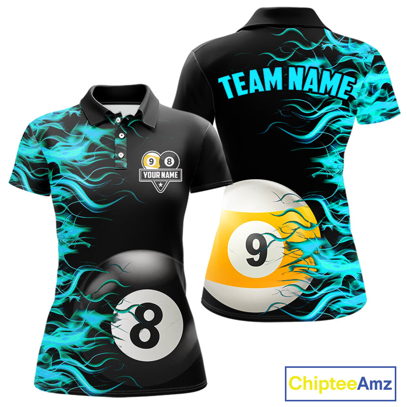Turquoise Flaming 8 Ball & 9 Ball Billiard Shirt For Women Custom Pool Team Jersey Polo & 1/4 Zip TDM4714