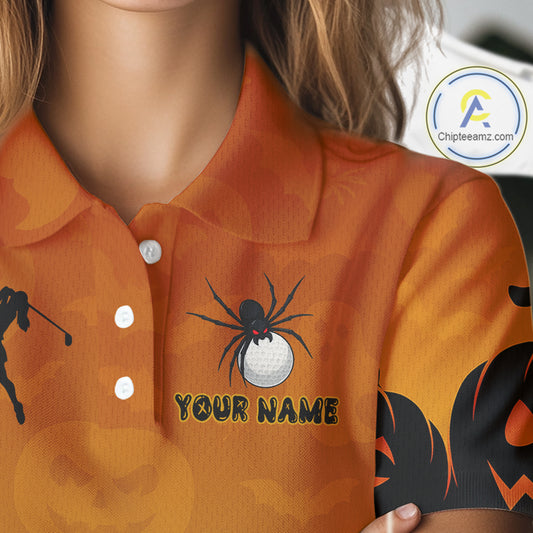 Personalized Orange Funny Spider Golf Polo Shirt For Women Custom Halloween Ladies Golf Outfit Gifts TDM4924