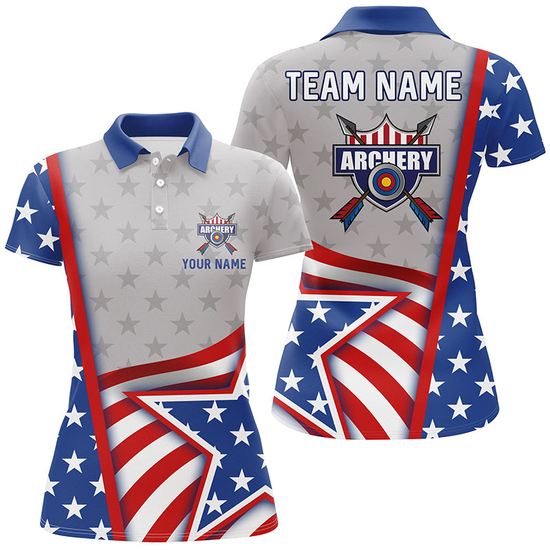Personalized Name American Flag Archery Polo Shirts For Women, Custom Team Name Archery Jerseys  TDM0479