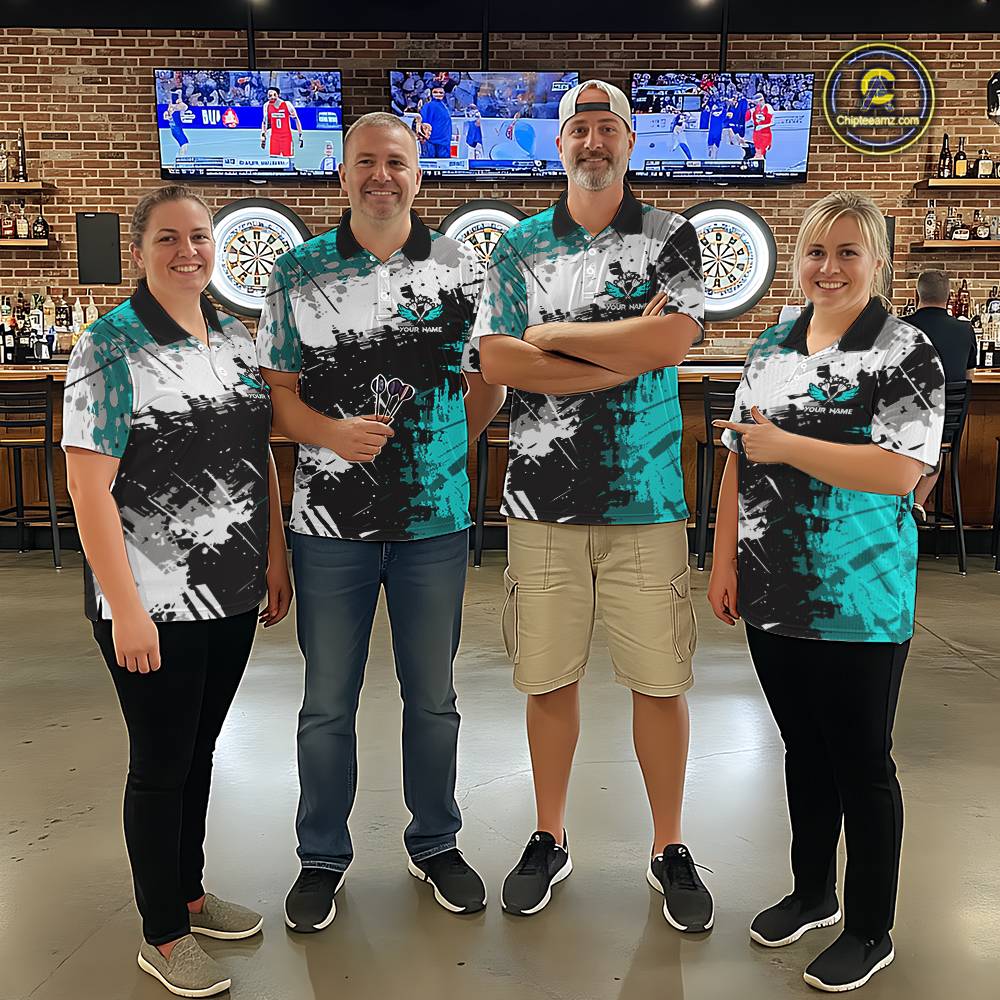 Turquoise Grunge Paint Splash Dart Shirts For Men Custom Darts Jersey Team Polo & Quarter Zip TDM5353