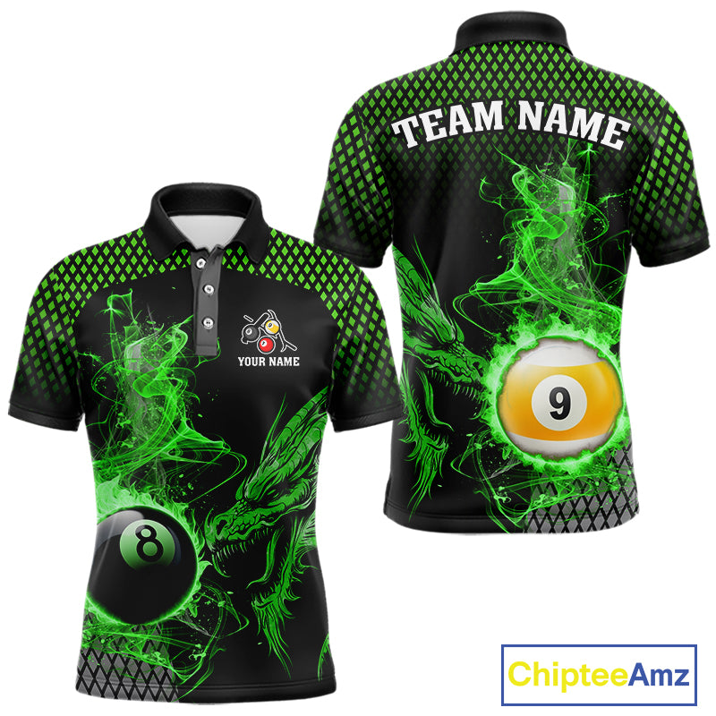 Green 8 Ball & 9 Ball Flame Smoke Custom Dragon Billiard Shirts For Men, Billiard Team Jersey TDM5631