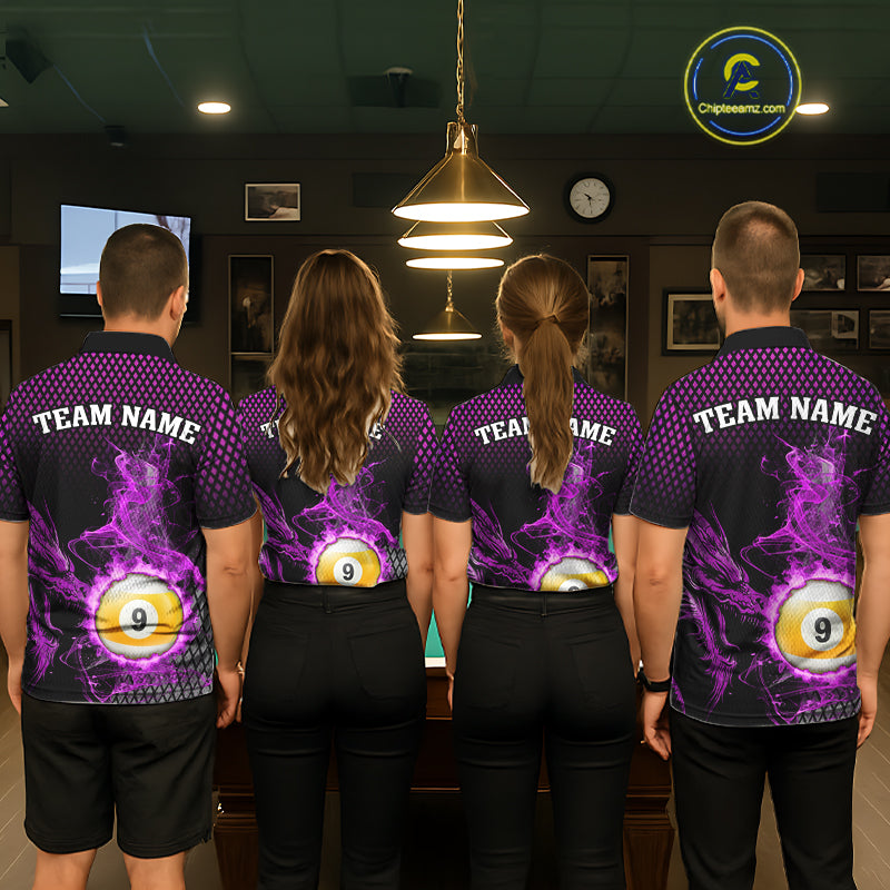 Purple 8 Ball & 9 Ball Flame Smoke Custom Dragon Billiard Shirts For Men, Billiard Team Jersey TDM5632