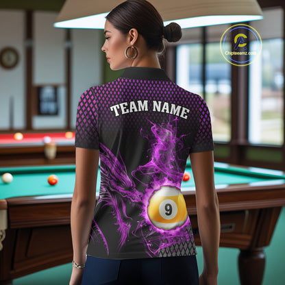 Purple 8 Ball & 9 Ball Flame Smoke Custom Dragon Billiard Shirts For Women, Billiard Team Jersey TDM5632