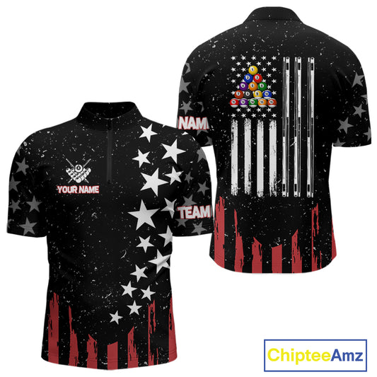 Black Grunge American Flag Billiard Shirt For Men Custom Patriotic Billiard Pool Jersey TDM3824
