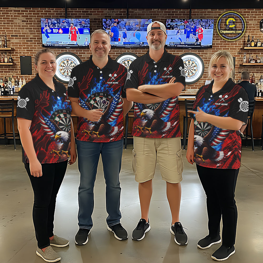 Blue Flaming Dartboard Shirt For Women Custom American Flag Eagle Darts Team Jersey Polo &1/4 Zip TDM6003