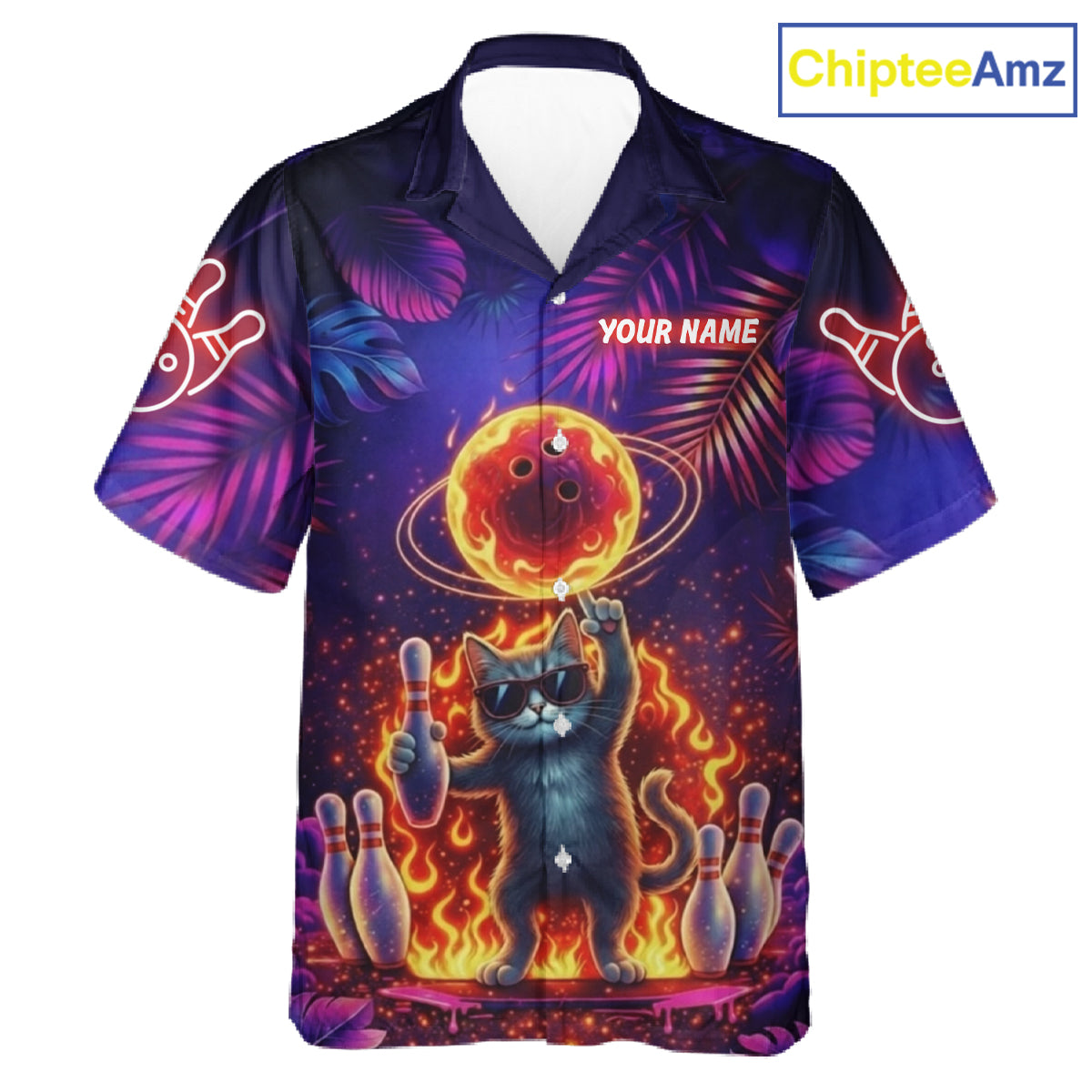 Custom Funny Cat Flame Bowling Hawaiian Shirt For Men Women, Personalized Tropical Bowling Jersey TDM6454