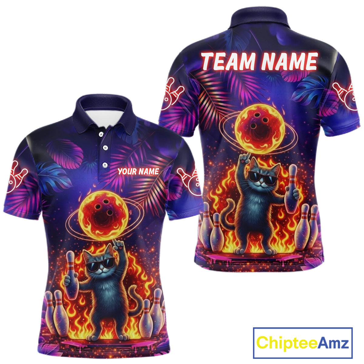 Custom Funny Cat Flame Bowling Shirt For Men, Personalized Tropical Bowling Jersey Polo & 1/4 Zip TDM6454