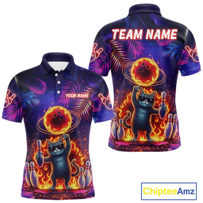 Custom Funny Cat Flame Bowling Shirt For Men, Personalized Tropical Bowling Jersey Polo & 1/4 Zip TDM6454