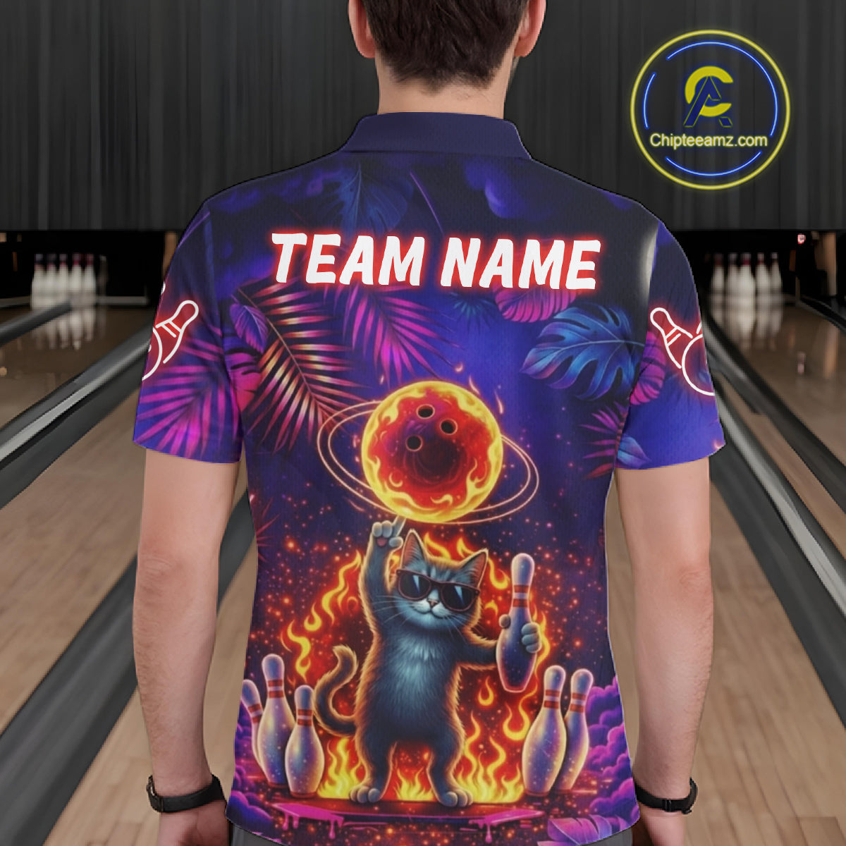 Custom Funny Cat Flame Bowling Shirt For Men, Personalized Tropical Bowling Jersey Polo & 1/4 Zip TDM6454
