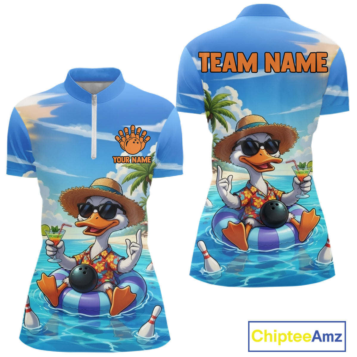 Funny Duck Bowling Jersey For Women Custom Tropical Beach Bowling Shirt Team Polo & Quarter Zip TDM6459