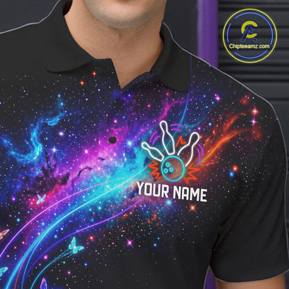 Personalized Galaxy Butterfly Bowling Shirt For Men Custom Bowling Jersey Team Polo & 1/4 Zip TDM6463