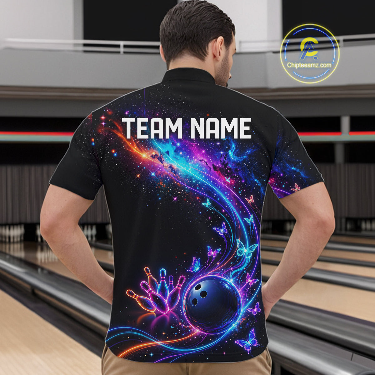 Personalized Galaxy Butterfly Bowling Shirt For Men Custom Bowling Jersey Team Polo & 1/4 Zip TDM6463