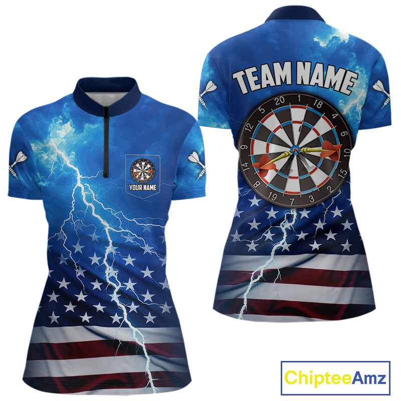 Blue Lightning US Flag Dart Shirt For Women Custom Dart Jersey Pocket Option TDM4114