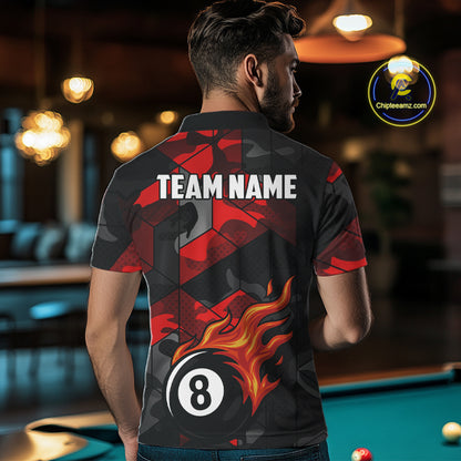 Red And Black Camo Billiard Shirt For Men Custom Flaming 8 Ball Pool Team Shirt, Billiard Jerseys TDM4119