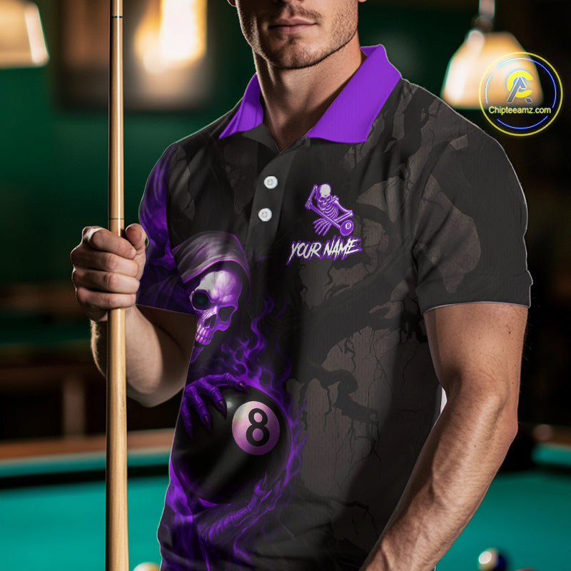 Grim Reaper Custom Flame 8 Ball Pool Billiard Shirt For Men, Purple Black Billiard Team Jersey TDM4121