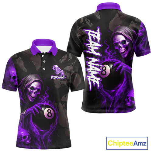 Grim Reaper Custom Flame 8 Ball Pool Billiard Shirt For Men, Purple Black Billiard Team Jersey TDM4121