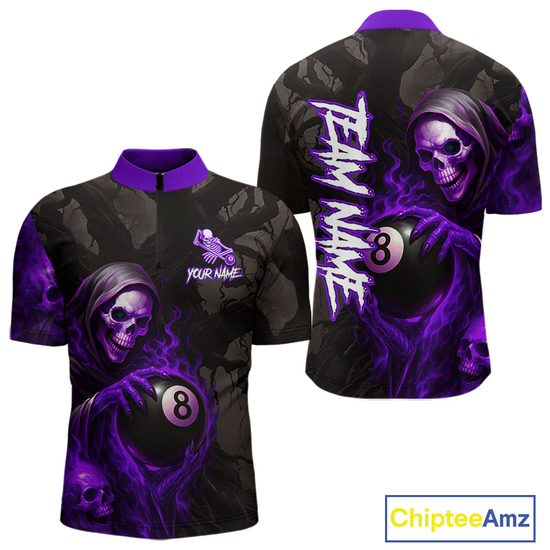 Grim Reaper Custom Flame 8 Ball Pool Billiard Shirt For Men, Purple Black Billiard Team Jersey TDM4121