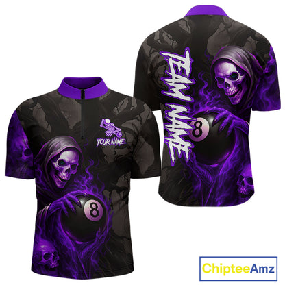 Grim Reaper Custom Flame 8 Ball Pool Billiard Shirt For Men, Purple Black Billiard Team Jersey TDM4121