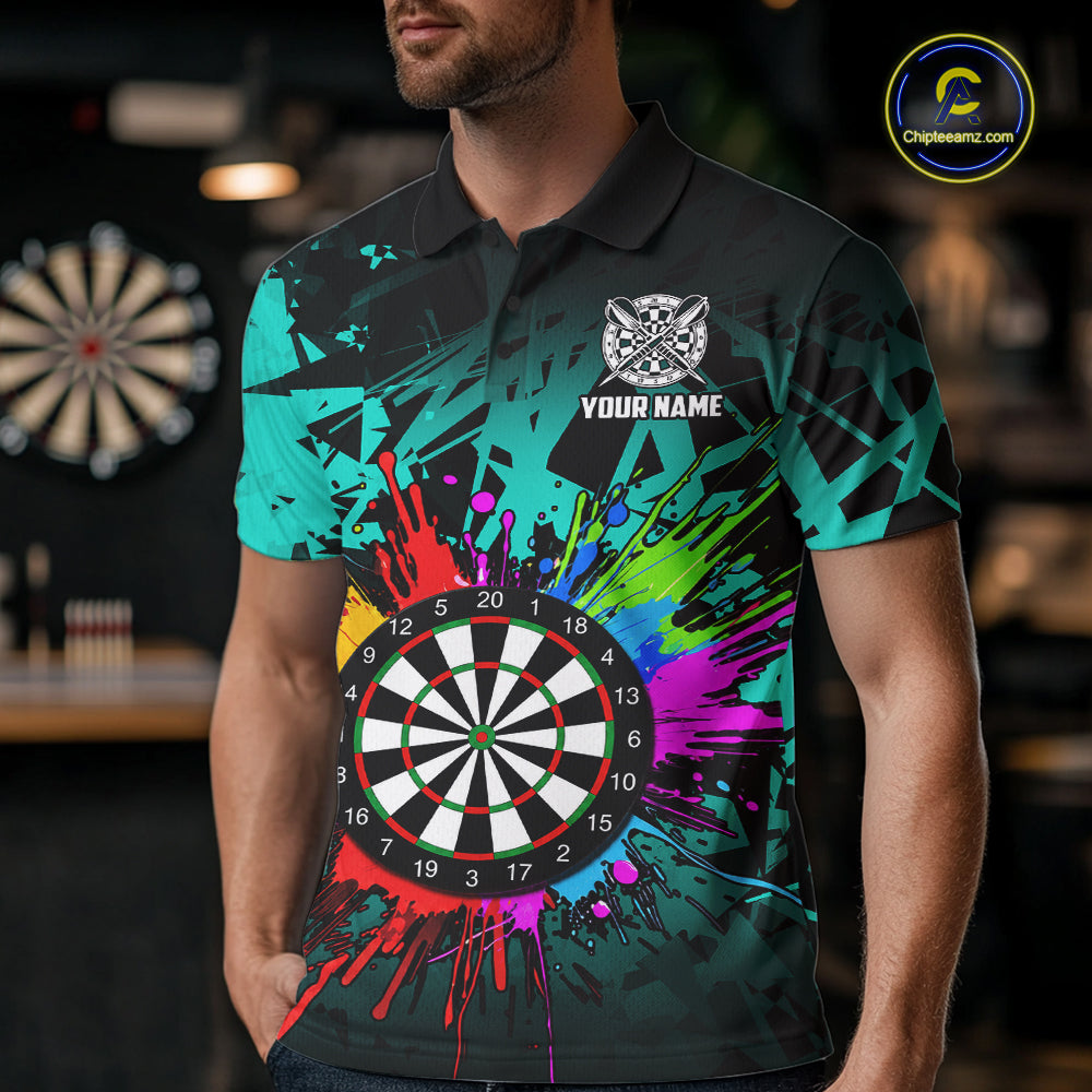 Man wearing a turquoise dartboard darts shirt during league match front view.