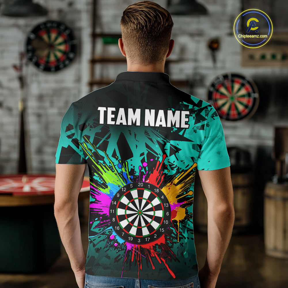 Back view of man wearing a turquoise colorful darts jersey inside a darts hall.