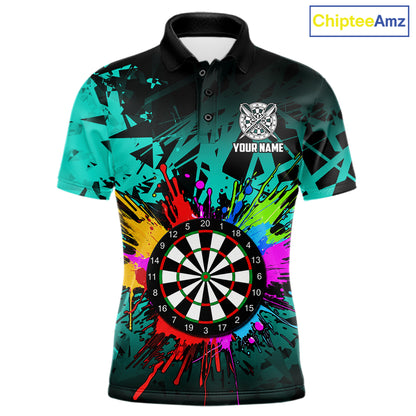 Turquoise funny dartboard darts shirt for men with colorful vibrant graphics and custom league style.