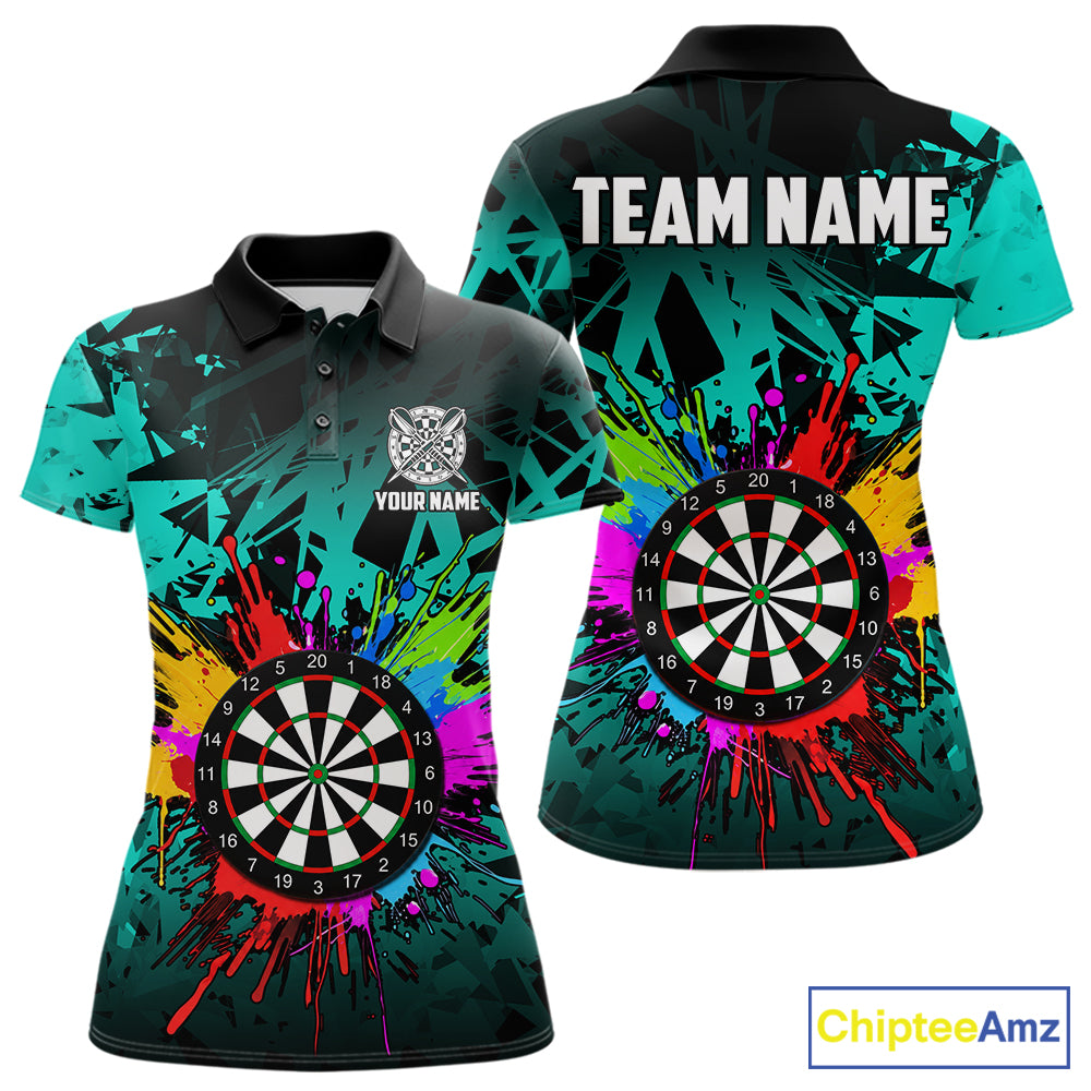 Turquoise darts polo shirt for women with dartboard design and bright team aesthetic.
