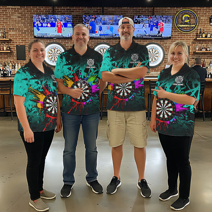 Darts team wearing matching turquoise dartboard shirts for men during tournament matches front view.