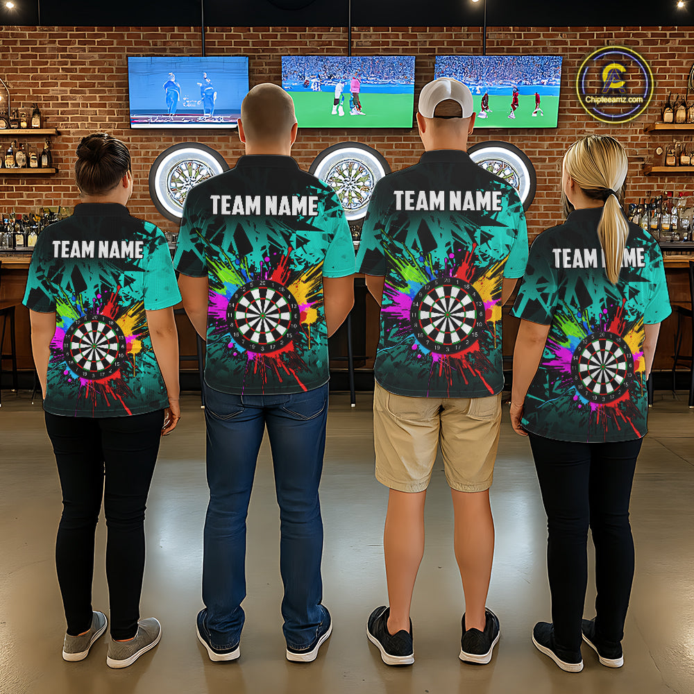 Back view of darts players wearing turquoise themed jerseys during competitive league play.