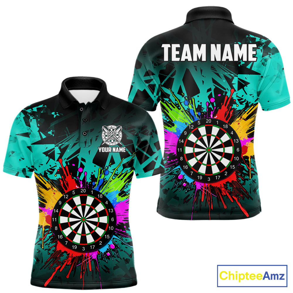 Turquoise darts polo shirt for men with dartboard design and bright team aesthetic.