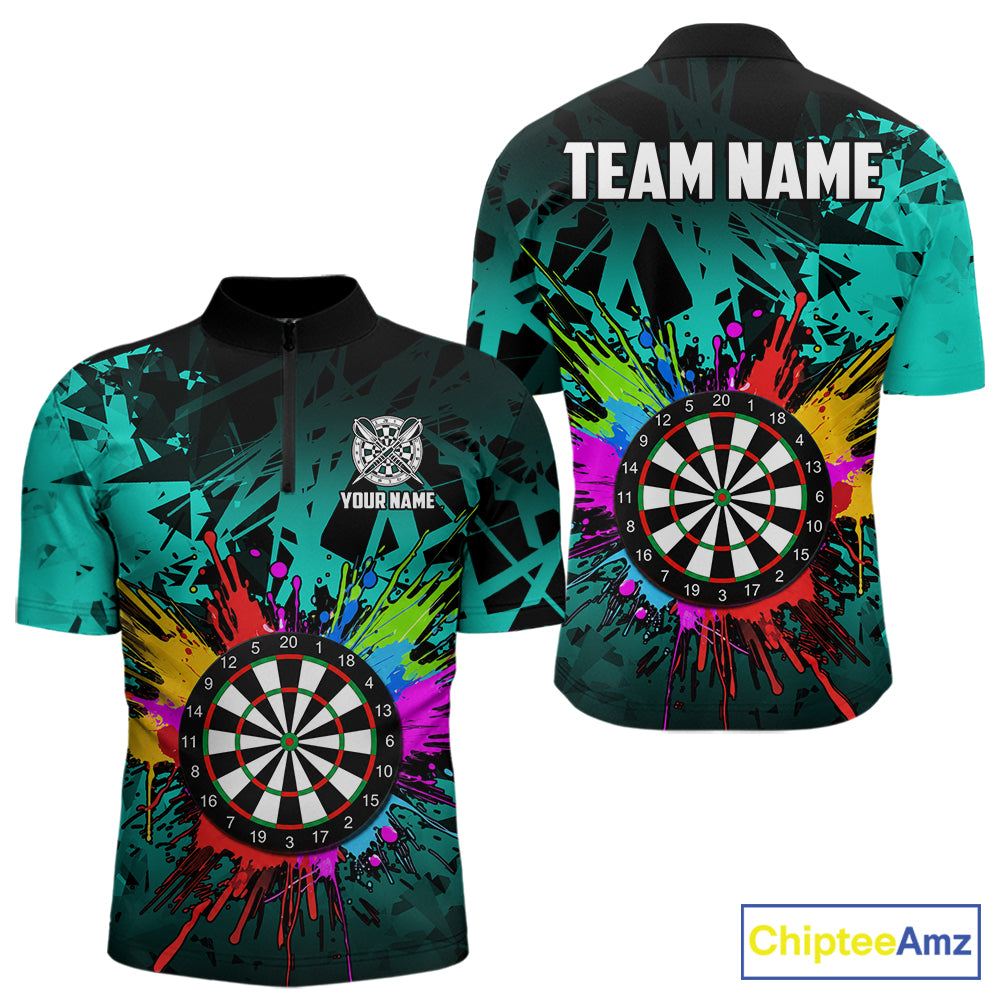 Turquoise funny dartboard quarter zip shirt for men built for darts tournaments and competitive play.